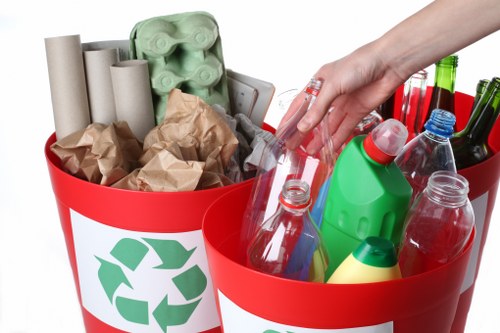 Recycling bins and waste reduction tools in a South East London office